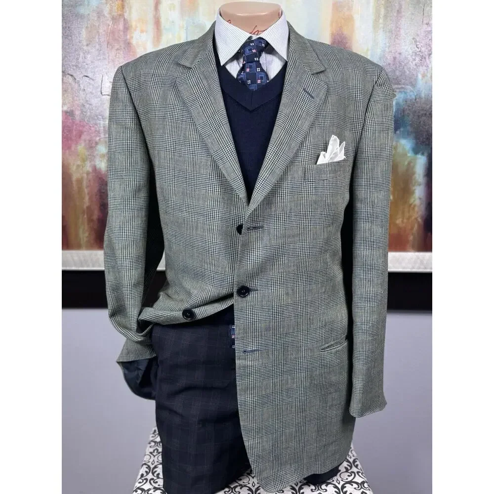Ermenegildo Zegna Soft Blue Tan Glen Plaid Linen Wool Mohair Sport Coat 46R 56IT